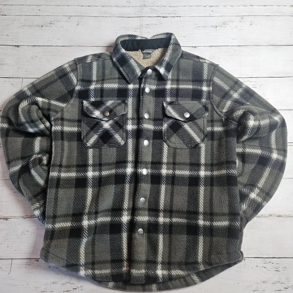 Eddie Bauer Kids Sherpa  Fleece Lined Boys‎ Green Plaid Flannel Jacket, 10/12